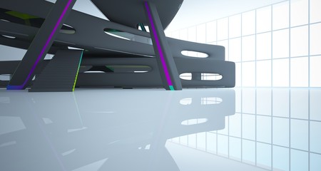 Abstract dynamic interior with black and colored gradient smooth objects. 3D illustration and rendering