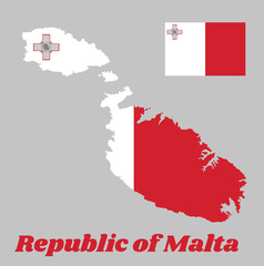 Map outline and flag of Malta, a vertical bicolor of white and red with the representation of the George Cross edged. with name text Republic of Malta.