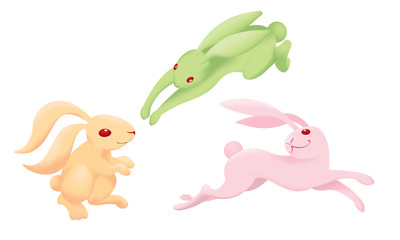 Rabbits in different posts and colours Isolated.