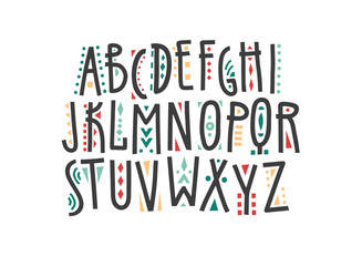 Vector uppercase ethnic alphabet, hand-drawn letters decorated with color patterns.