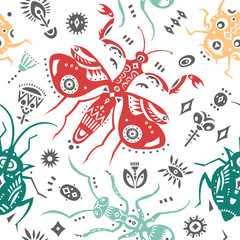 Vector seamless pattern with colored decorated insects.