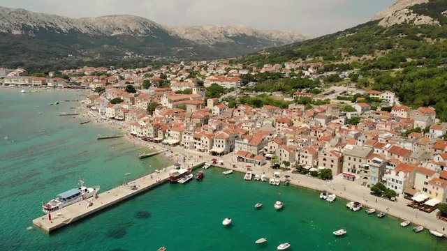 Panoramic aerial view of Baska town, popular touristic destination on island Krk Croatia Europe.
