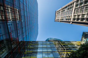 Tall modern buildings with smooth reflections in the windows. Hamburg, Germany.
