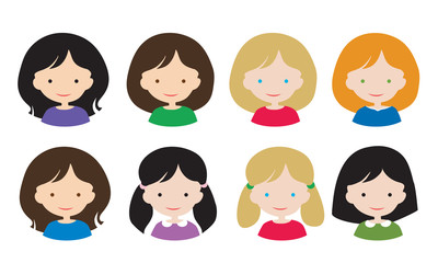 Set flat design of simple avatars female head with different hair styles and hair color, isolated on white background