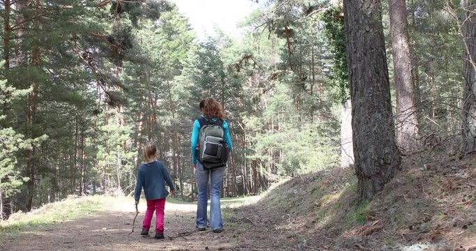 Four years age blonde girl, with stick in her hand, and mother hiking or walking in forest in the countryside of Guadarrama mountains, near Madrid, Spain, Europe. 4k video. 
