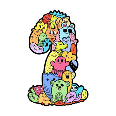 Hand drawn doodled kids numbers. Cute monstred numbers, math symbols.