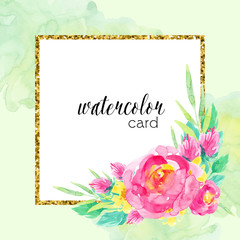 Watercolor illustration of flowers, roses, petals. Square frame with glitter. Brush strokes green background.