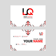 Horizontal name card with LQ logo Letter and simple red black and triangular decoration on the edge.