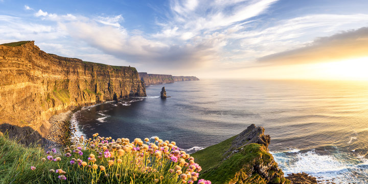 Sunset at Cliffs of Moher, County Clare, Munster province, Republic of Ireland, Europe.
