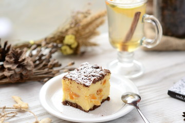 strudel with meat and mushrooms on a wooden board with flour