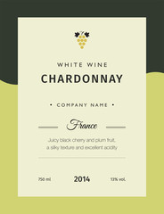Label for a bottle of wine, glasses and a bunch of grapes. Best quality grape varieties and premium wine brand names labels emblems isolated vector illustration. White wine label Chardonnay.