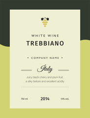 Label for a bottle of wine, glasses and a bunch of grapes. Best quality grape varieties and premium wine brand names labels emblems isolated vector illustration. White wine label Trebbiano.
