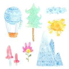 Cartoon watercolor nature set. Mountain, tree, fir, balloon, sun, clouds, flowers, mushrooms. Isolated on white background