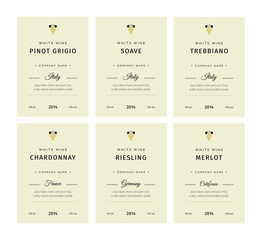 Special collection best quality grape varieties and premium wine brand names labels emblems abstract isolated vector illustration. White wine label set.