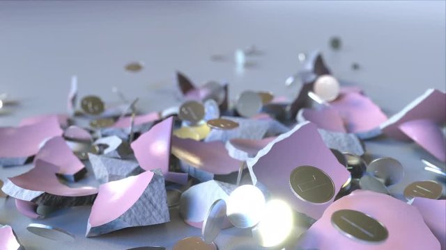 Breaking piggy bank full of coins. Bullet time conceptual 3D animation