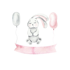 Watercolor baby bunny love, white cutte bunny and rabbit