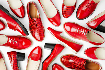 Stylish female spring or autumn shoes in red colors. Beauty and fashion concept. Flat lay, top view