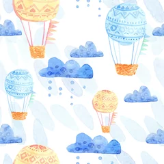 Photo sur Plexiglas Animaux avec ballon Modèle sans couture aquarelle de dessin animé. Ciel avec nuages, ballons