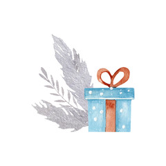 Watercolor christmas gift box, new year