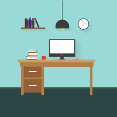 Workplace in office. Cabinet with workspace with table and computer. Flat style vector illustration.