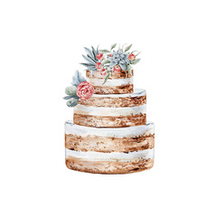 Watercolor wedding cake illustration, flower decor