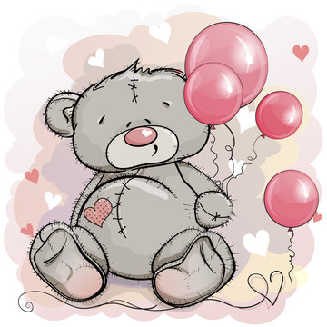 Teddy bear is sitting and holding pink balloons