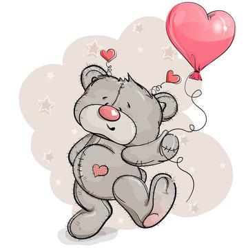 Teddy bear joyful jumps with a balloon in his hand