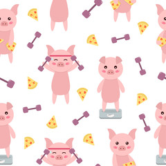 Seamless pattern cute cartoon pigs. Sport motivation theme. Background for kids. Vector illustration