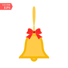 Vector illustration of shiny golden Christmas bells decorated with red bow