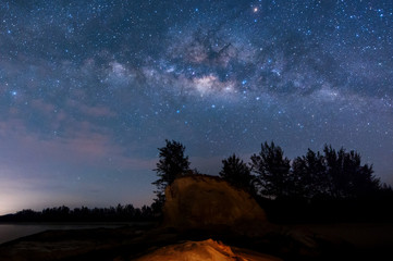 starry night sky with milky way galaxy. soft focus and noise due to long expose and high iso.