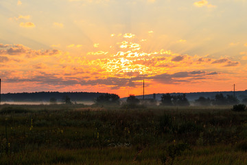 Fototapeta na wymiar Beautiful sunrise over a green foggy meadow