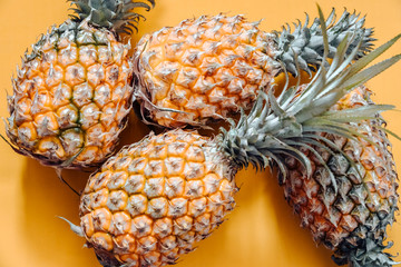 the golden pineapples are on the yellow background with nice studio light