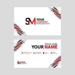 Horizontal name card with decorative accents on the edge and bonus SM logo in black and red.