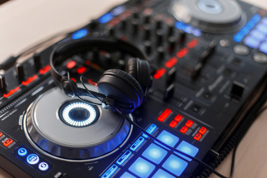 Party. Professional Audio Equipment With Headphones, DJ Mixer