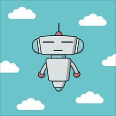 Bot icon flying in the sky with clouds. Chatbot icon. Cute Outline robot. Vector flat line cartoon illustration isolated on white background. Voice support service bot. Virtual online support.