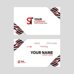 Horizontal name card with decorative accents on the edge and bonus ST logo in black and red.