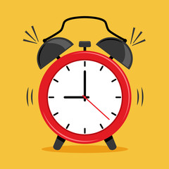 Red alarm clock icon on yellow background. Vector illustration