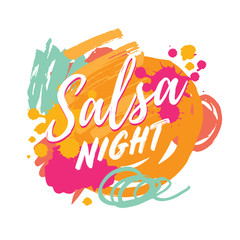 Salsa night vector logotype. Abstract brushes colorful background. Poster for dance party, cards, banners, t-shirts, dance studio.