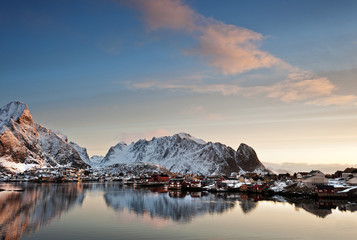 Sunrise over Olstind with Reine village in the foreground