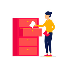 Woman near a cabinet with documents. Flat style vector illustration