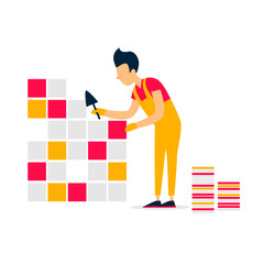 Tile laying, repair, bathroom, building. Flat style vector illustration