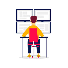 Guard sits in front of the monitors. Flat style vector illustration