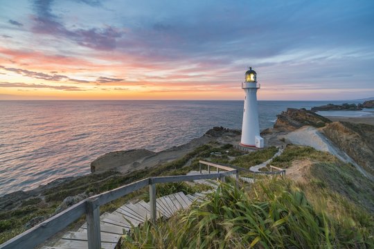 Castlepoint lighthouse at dawn. Castlepoint, Wairarapa region, North Island, New Zealand.