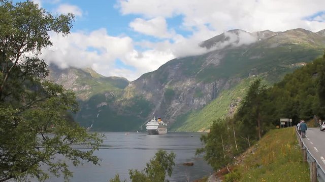 Geirangerfjord and cruise liner. Stranda, Norway