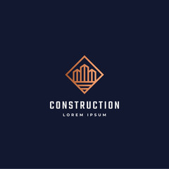 Construction Abstract Vector Sign, Symbol or Logo Template. Skyscraper Buildings in a Square Frame with Modern Typography. Real Estate Retro Emblem.