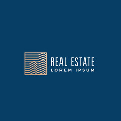 Linear Real Estate Abstract Vector Sign, Symbol or Logo Template. Skyscraper Buildings in a Square Frame with Modern Typography. Geometry Retro Emblem.