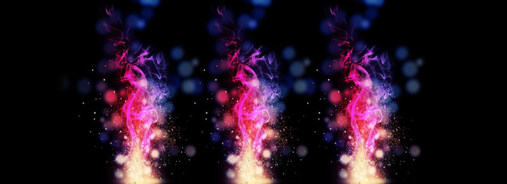 Dark abstract bokeh background, magic smoke and sparks, neon © MiaStendal