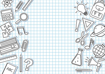 Frame for your text with school supplies on checkered background. Vector illustration