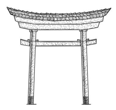recommend clip art: Japanese gate illustration, drawing, engraving, ink, line art, vector
