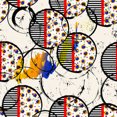 Materiał do szycia seamless background pattern, with circles/dots, stripes, paint strokes and splashes, black and white